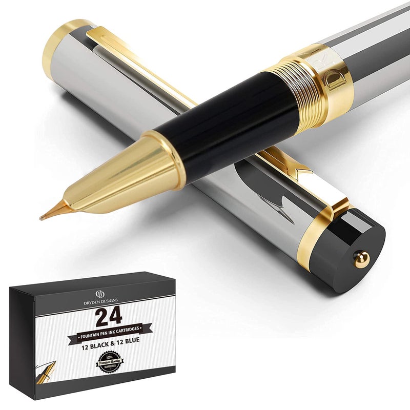 Dryden Designs Fountain Pen - Medium and Fine Nibs - Metallic Silver - Includes 24 Ink Cartridges - 12 Black and 12 Blue. - Image 4